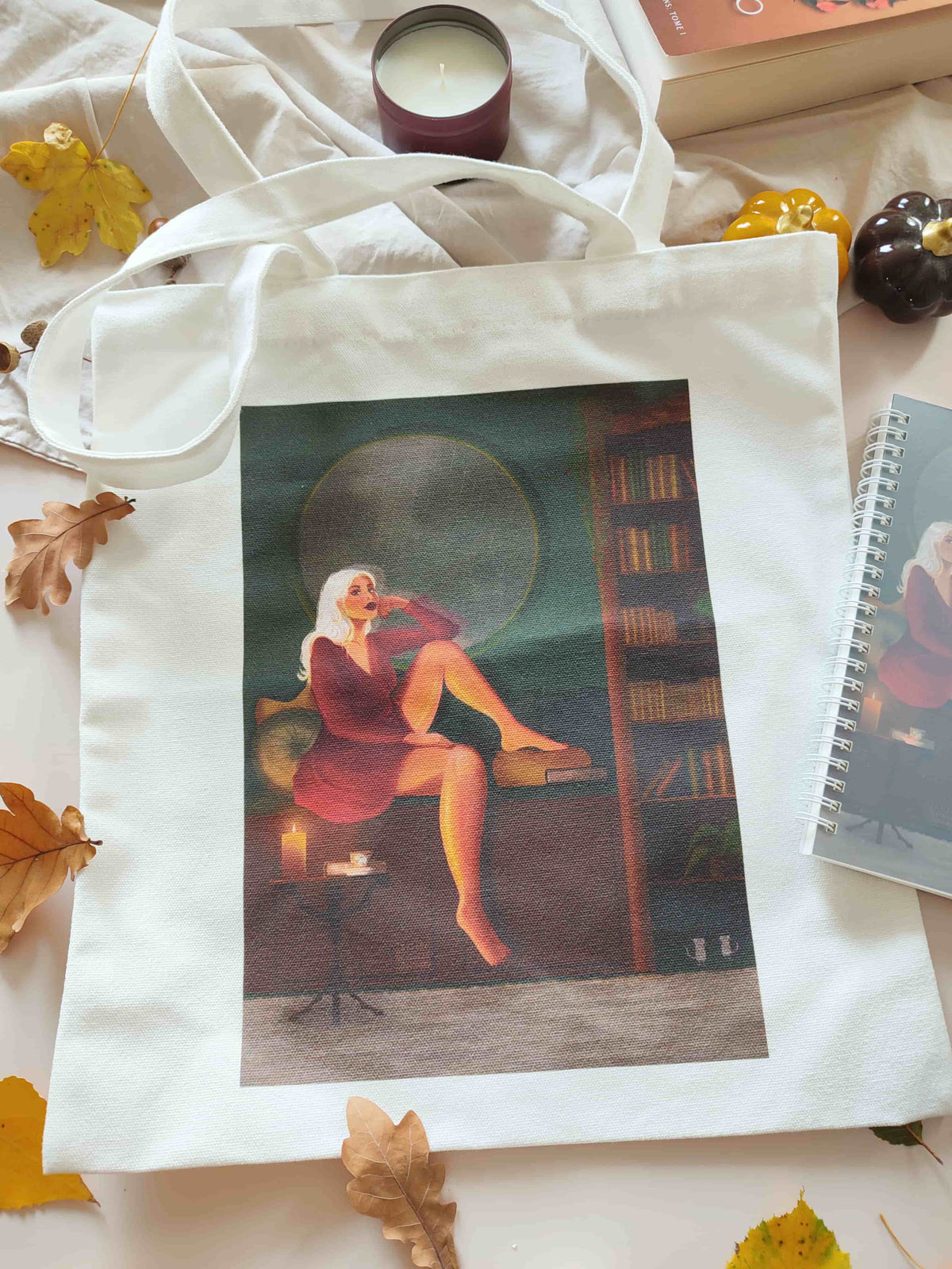 tote bag illustré avec illustration féminine automnale